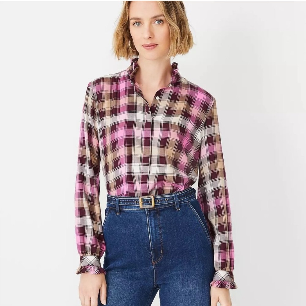 NWT Ann Taylor Plaid Ruffle Collar Shirt Blouse Button Down XS Extra Sma…